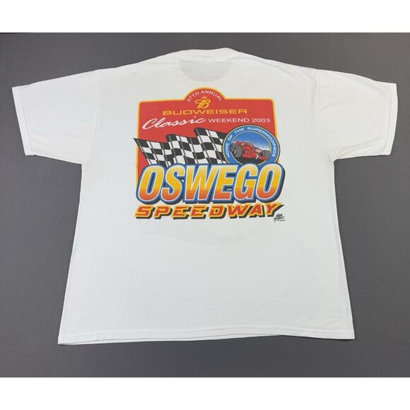 Rare Vintage Y2K Budweiser Oswego Speedway Car Racing Joe Gosek White XL Promo T - Picture 2 of 7